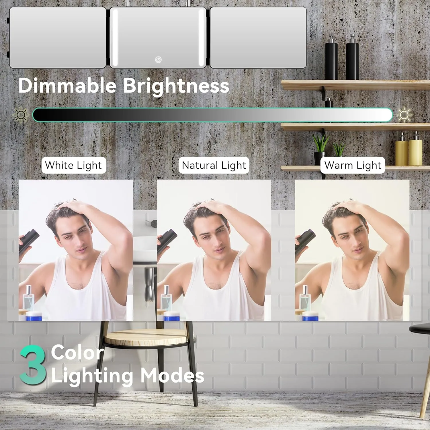 3 Way Mirror with LED Lights & 360° View,See Back of Head Trifold Barber Mirror for Self Haircut, Shaving & Braiding, Portable Travel Design with Hook for Home,Men & Women (Black)