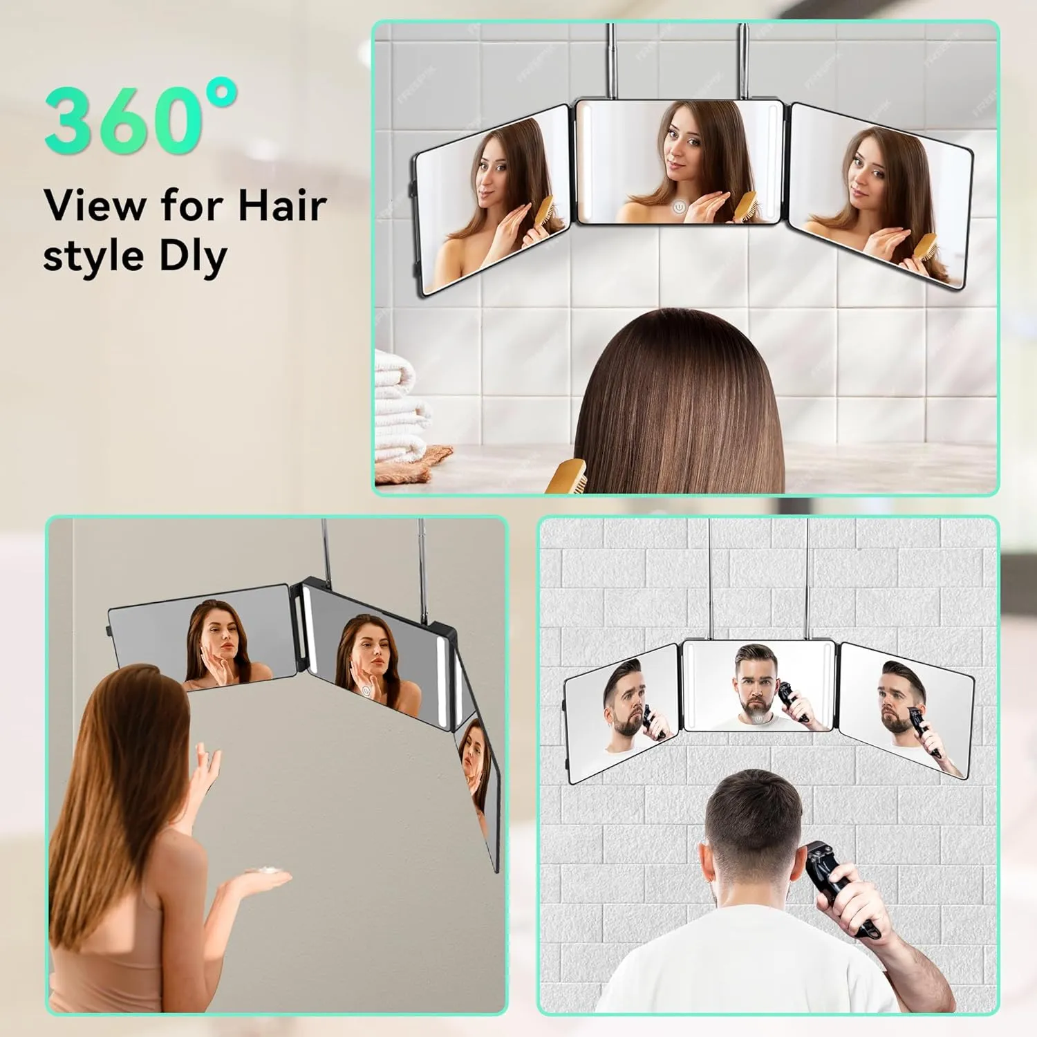 3 Way Mirror with LED Lights & 360° View,See Back of Head Trifold Barber Mirror for Self Haircut, Shaving & Braiding, Portable Travel Design with Hook for Home,Men & Women (Black)