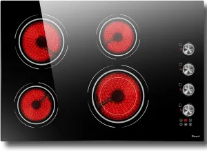 30 Inch Electric Cooktop 4 Burner - Built-in Ceramic Stove Top 6700W, 30" Radiant Electric Cook Top with Timer, Safety Lock, Pause, Dual Ring, 220V - 240V Hard Wired, No Plug (Silver Knob)
