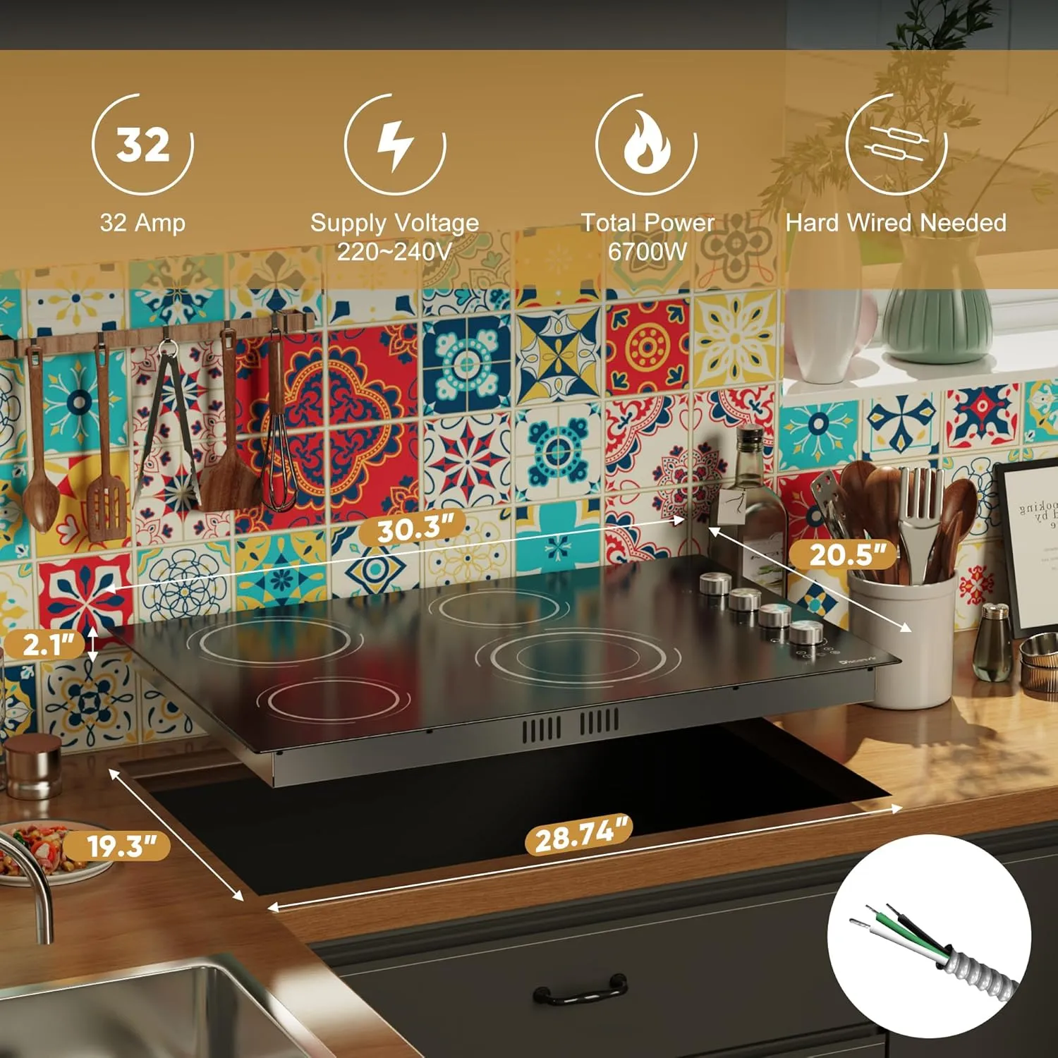 30 Inch Electric Cooktop 4 Burner - Built-in Ceramic Stove Top 6700W, 30" Radiant Electric Cook Top with Timer, Safety Lock, Pause, Dual Ring, 220V - 240V Hard Wired, No Plug (Silver Knob)