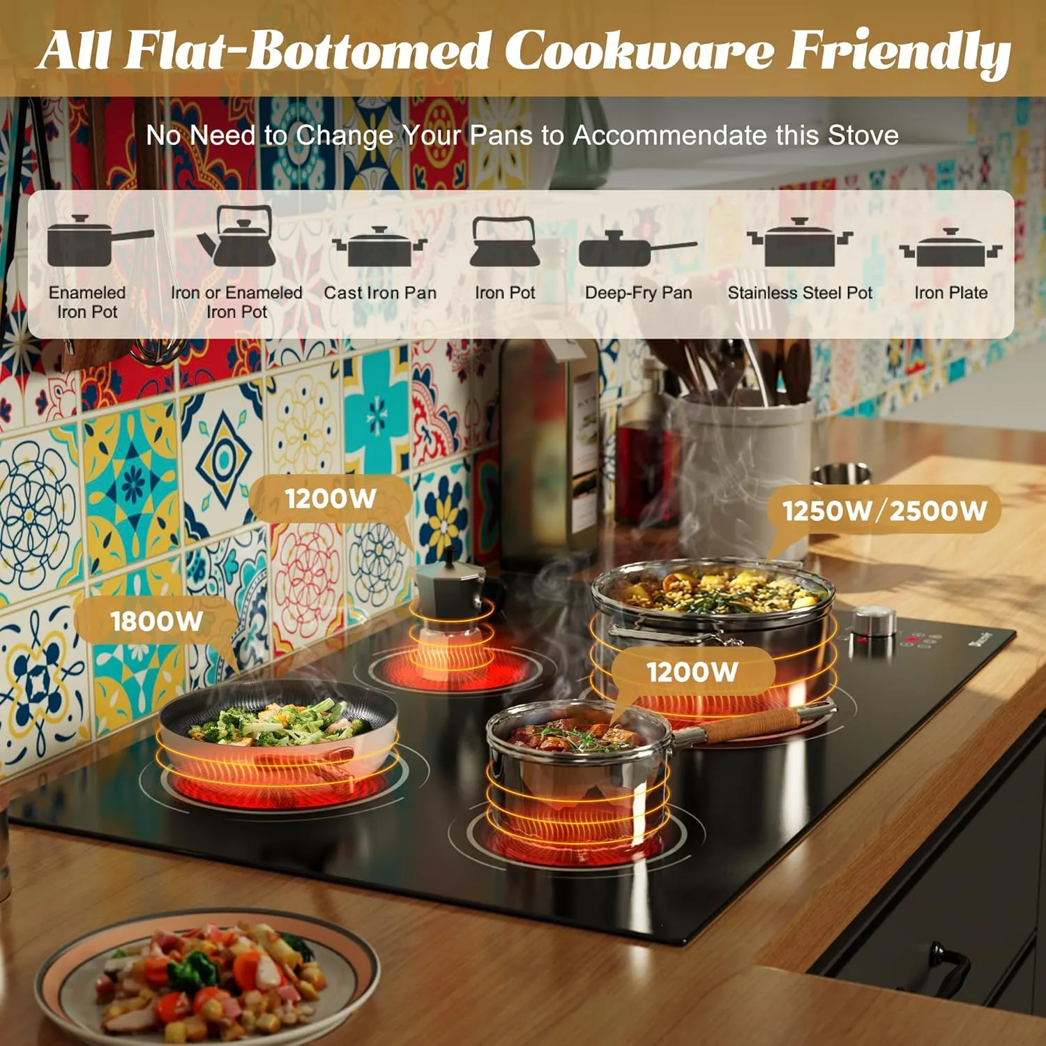 30 Inch Electric Cooktop 4 Burner - Built-in Ceramic Stove Top 6700W, 30" Radiant Electric Cook Top with Timer, Safety Lock, Pause, Dual Ring, 220V - 240V Hard Wired, No Plug (Silver Knob)