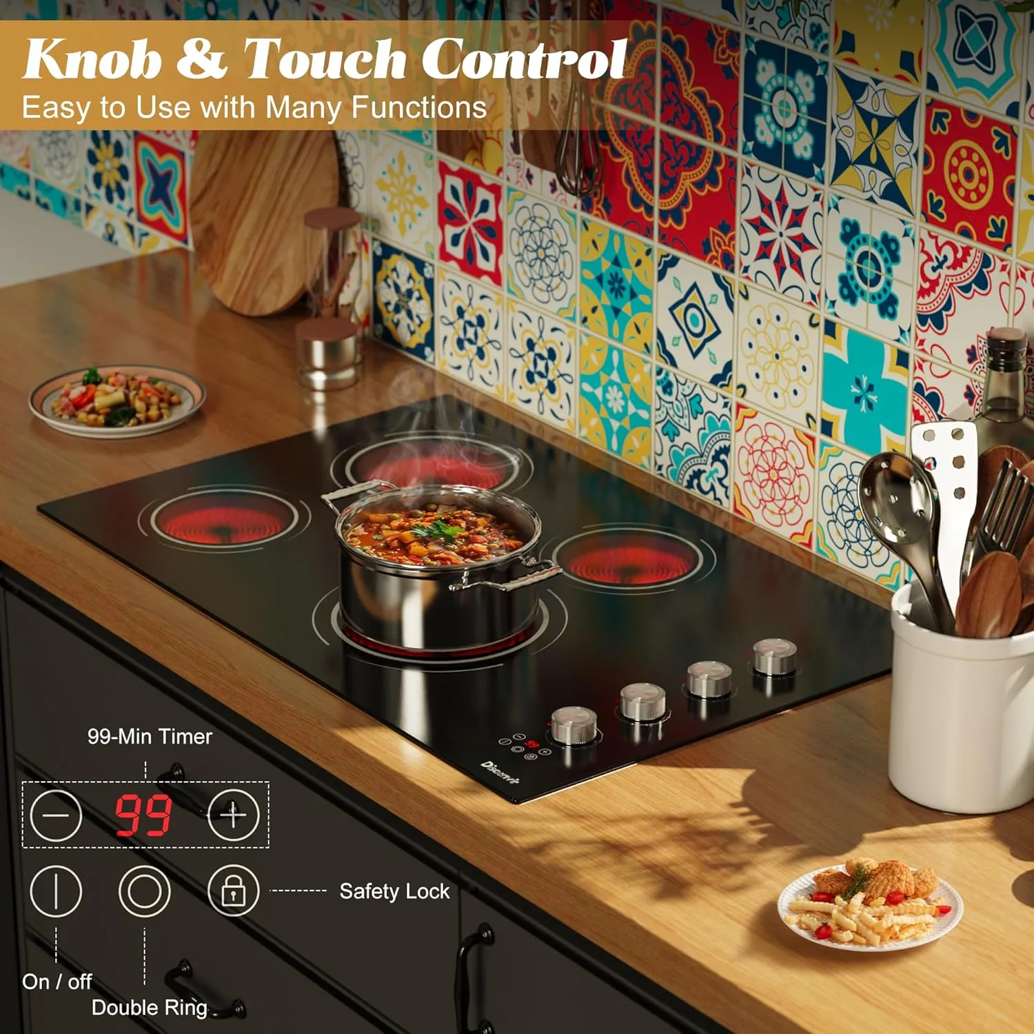30 Inch Electric Cooktop 4 Burner - Built-in Ceramic Stove Top 6700W, 30" Radiant Electric Cook Top with Timer, Safety Lock, Pause, Dual Ring, 220V - 240V Hard Wired, No Plug (Silver Knob)