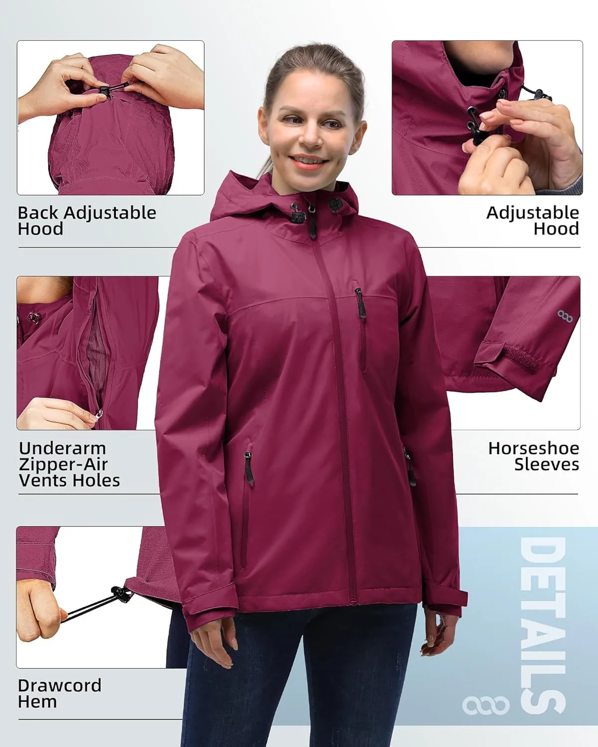 33,000ft Packable Rain Jacket Women Lightweight Waterproof Raincoat with Hood Cycling Bike Jacket Windbreaker