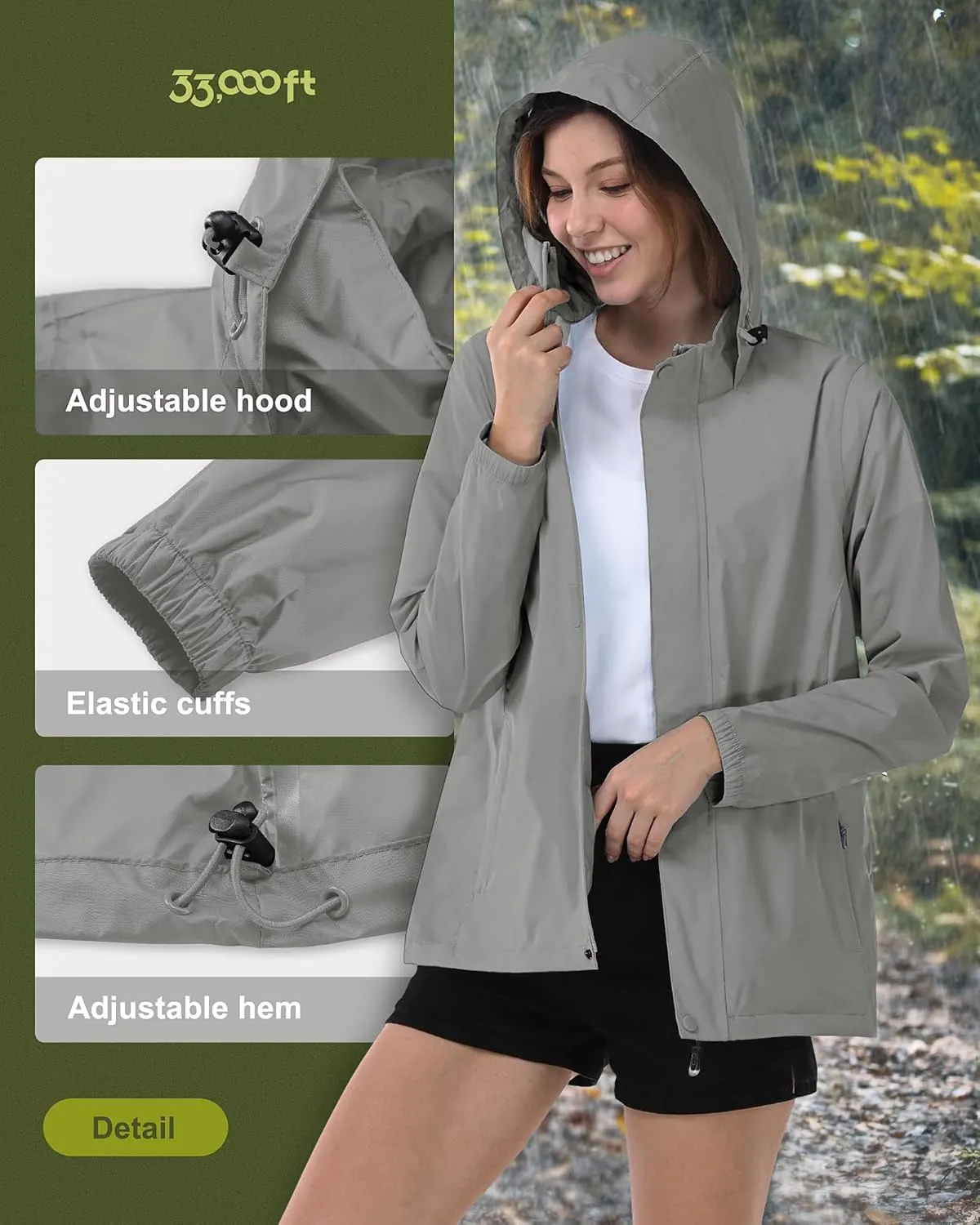 33,000ft Women's Rain Jacket Waterproof Lightweight Packable Raincoat with Hood for Golf Hiking Travel Windbreaker