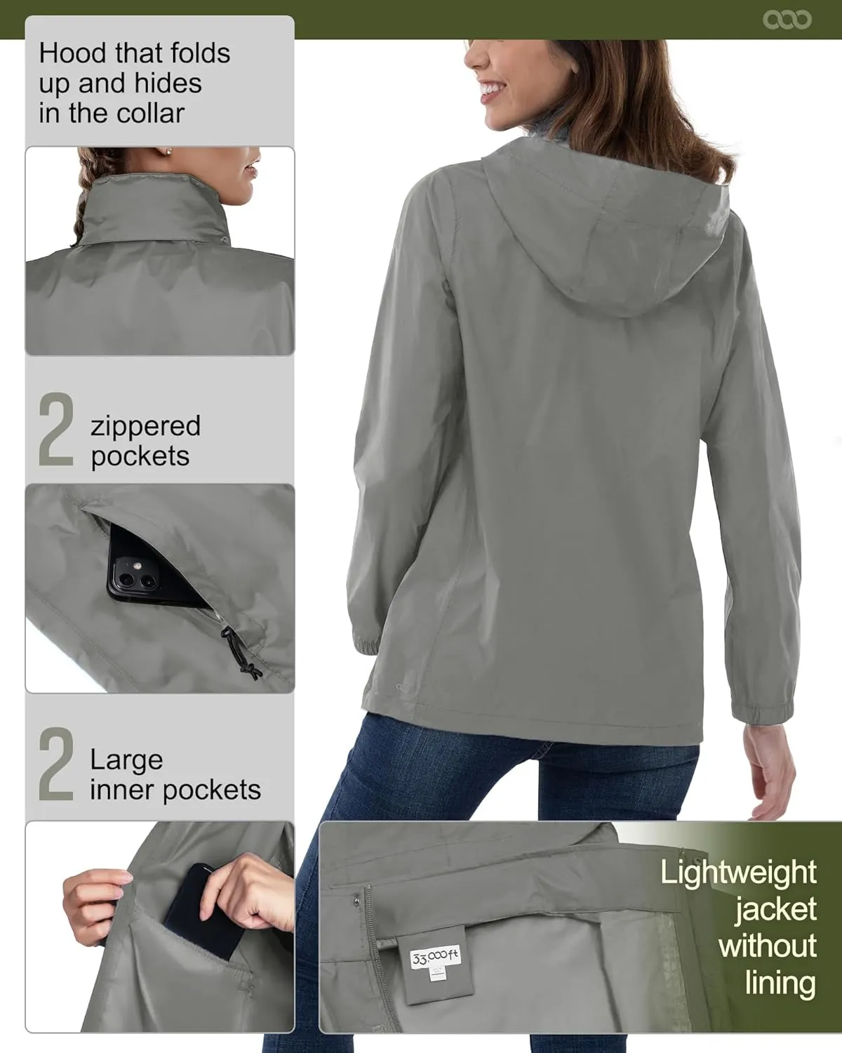 33,000ft Women's Rain Jacket Waterproof Lightweight Packable Raincoat with Hood for Golf Hiking Travel Windbreaker