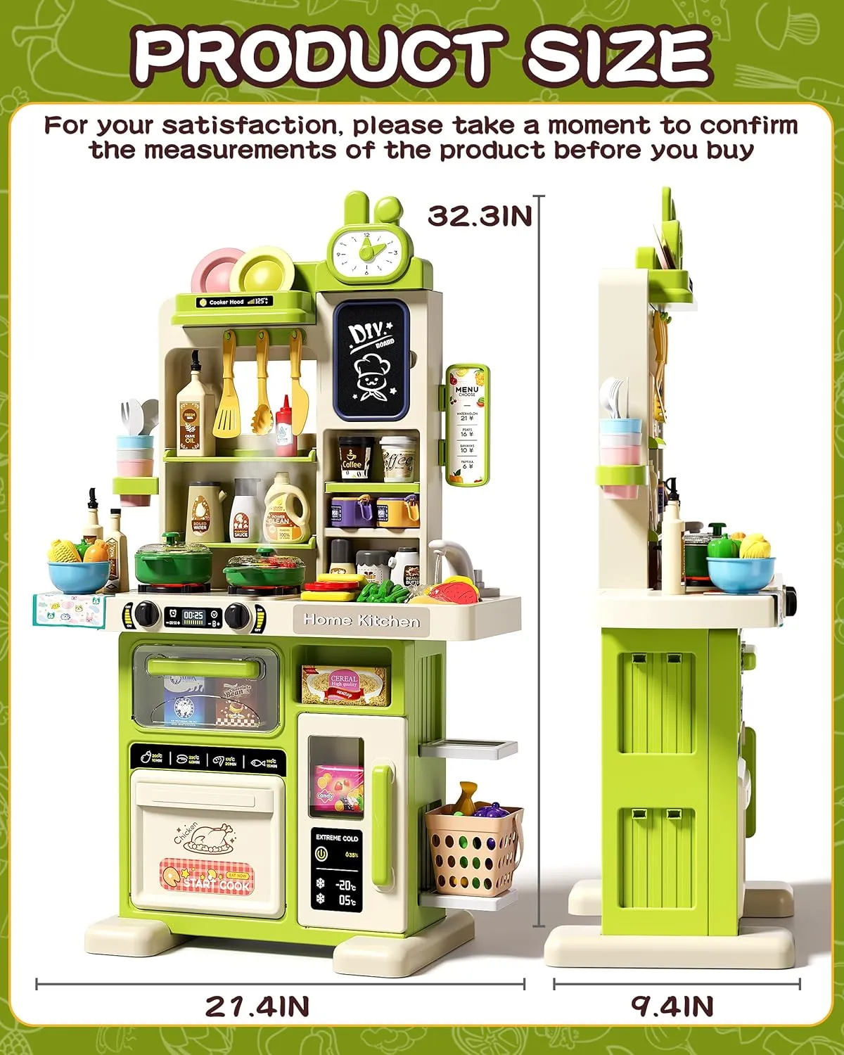 33.8IN Kids Kitchen Playset, 70PCS Kid Play Kitchen with Realistic Lights & Sounds, Spray Sink Toy Kitchen Accessories, Pretend Food Toys Kitchen for Boys Girls Toddlers(Green)