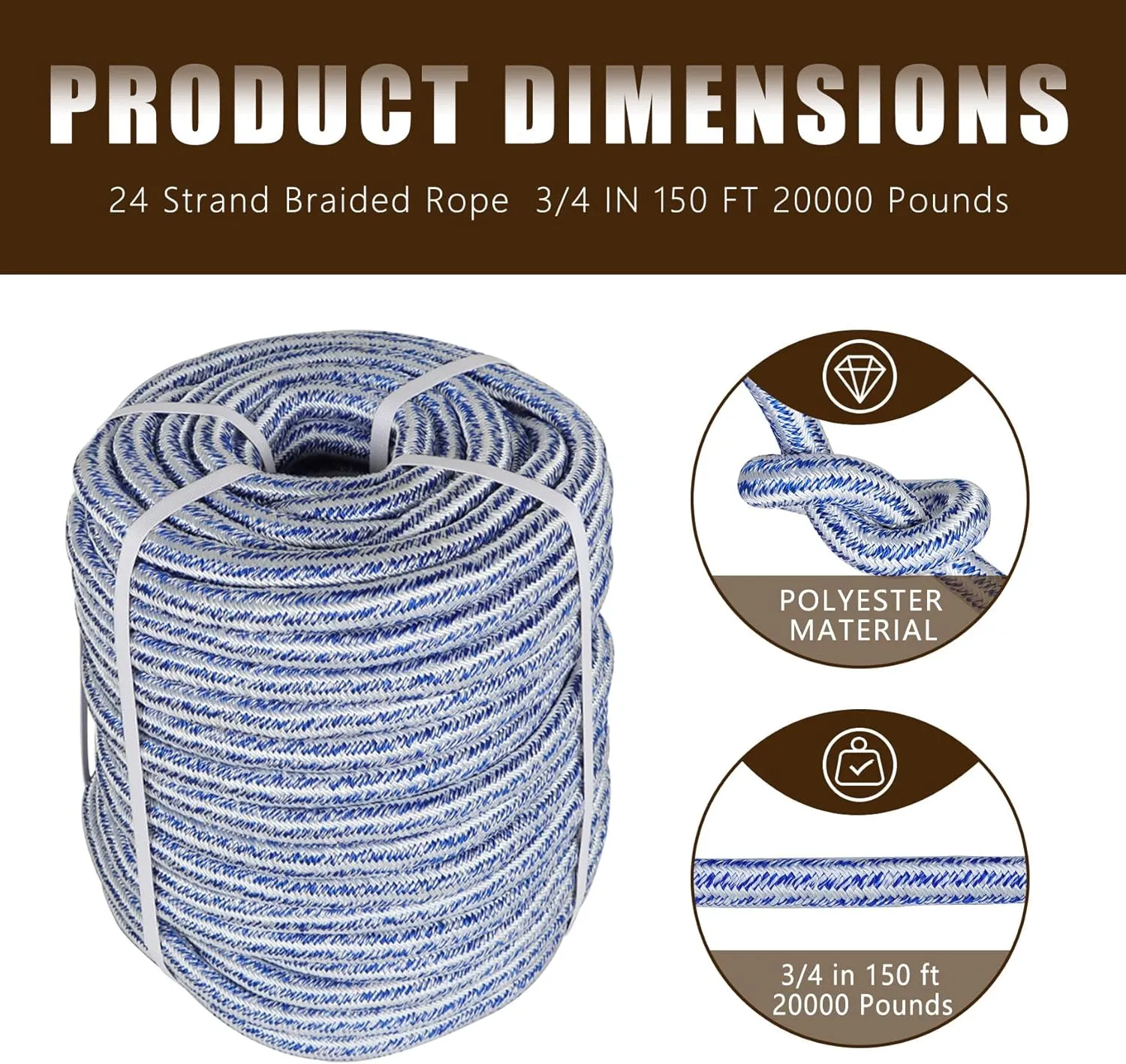 3/4 Inch 200 Feet 24 Strand Braided Rope 20000 Pounds Breaking Strength Polyester Rope Suitable for Swing Camping Tree Work Blue White
