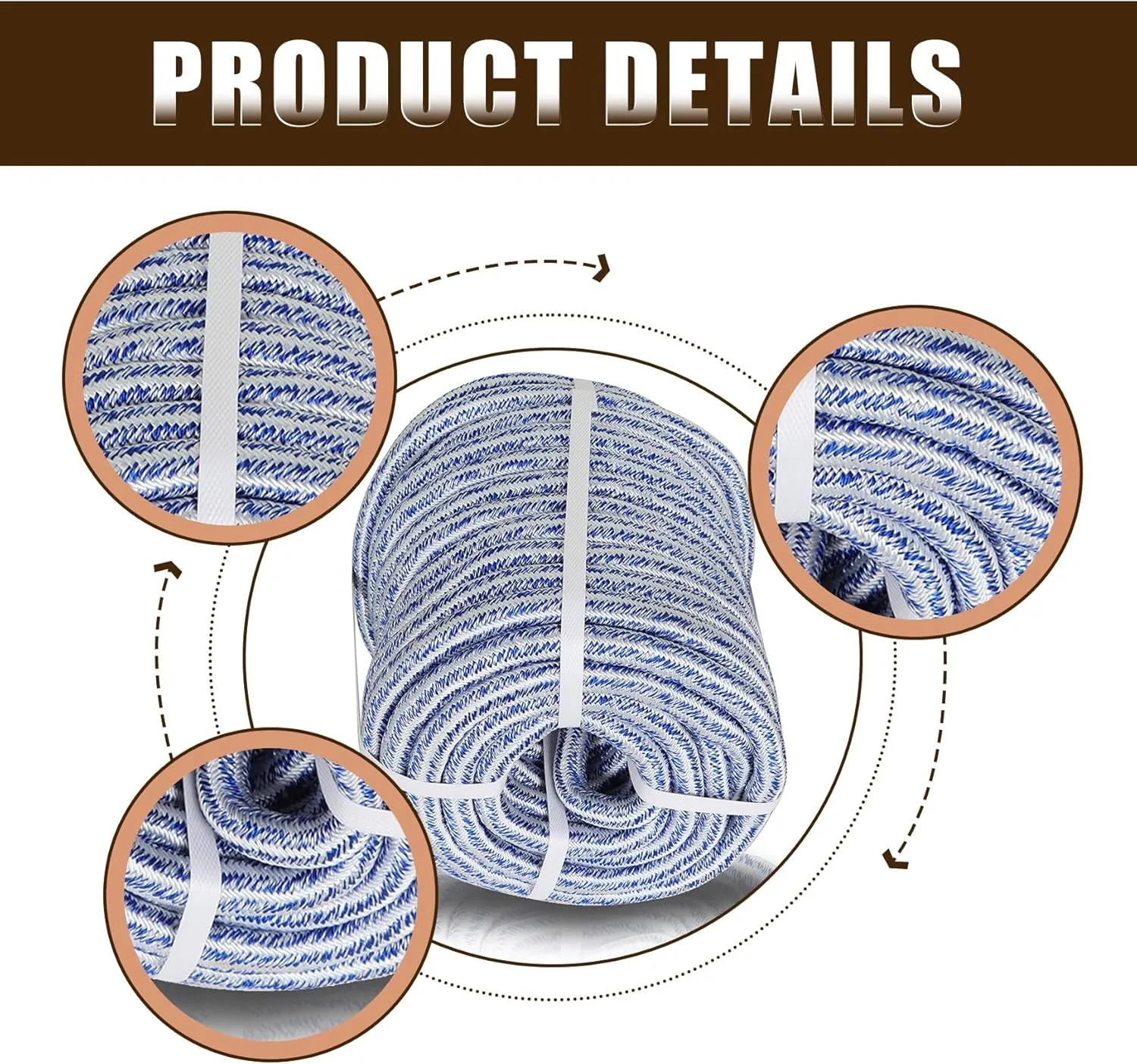 3/4 Inch 200 Feet 24 Strand Braided Rope 20000 Pounds Breaking Strength Polyester Rope Suitable for Swing Camping Tree Work Blue White