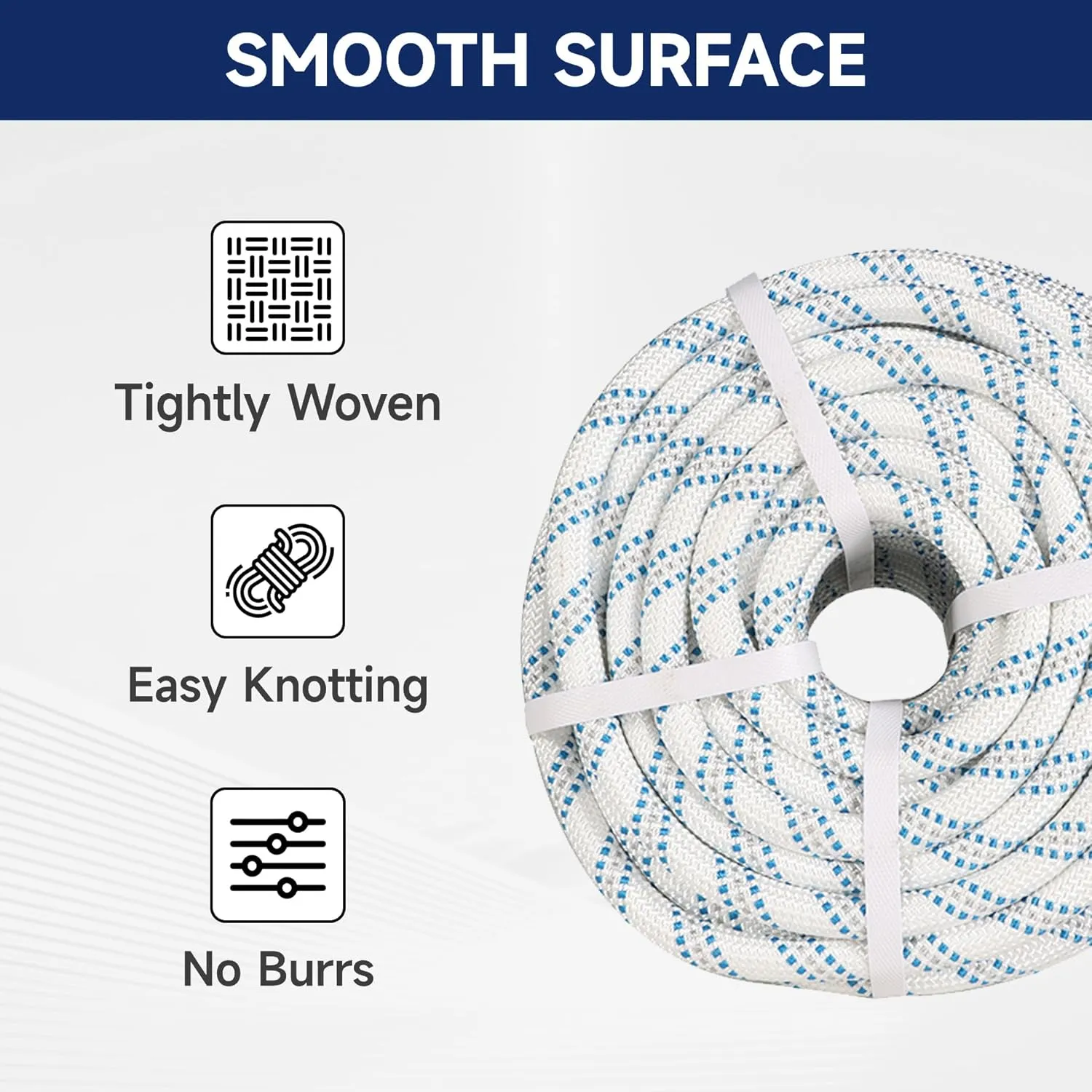 3/4 Inch x 150 Feet Braid Polyester Rope, Arborist Bull Rope for Tying Goods, Rigging, Swing (White/Gray/Blue)