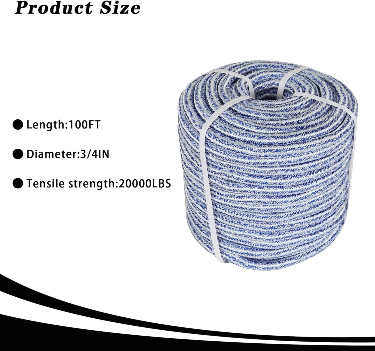 3/4 x 100FT, High Force Braided Polyester Arborist Tree Rope, 24 Strand Bull Rope, Pulling Rope, Heavy Duty Tree Rope for Swings, Camping (Blue and White)