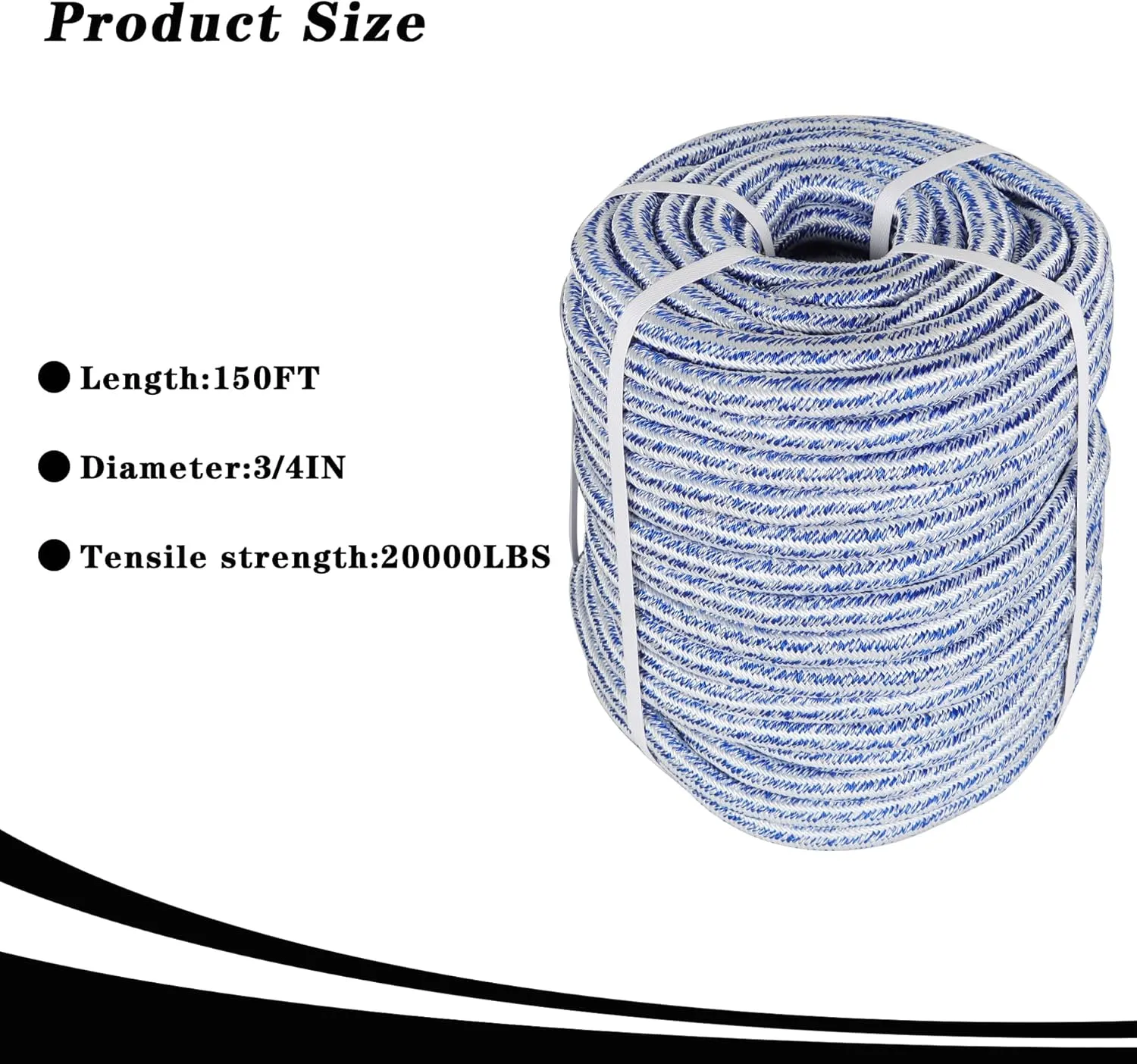 3/4 x 150FT, High Force Braided Polyester Arborist Tree Rope, 24 Strand Bull Rope, Pulling Rope, Heavy Duty Tree Rope for Swings, Camping (Blue and White)