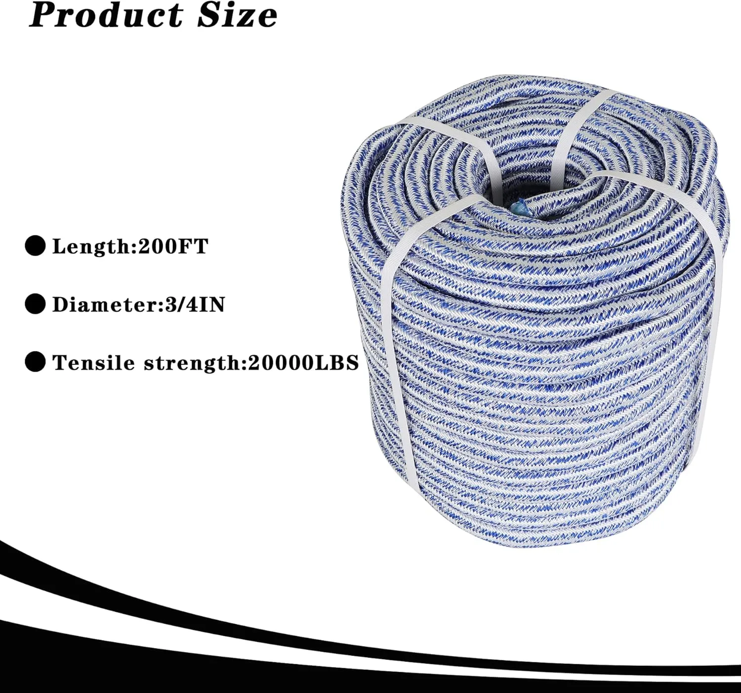 3/4 x 200FT, High Force Braided Polyester Arborist Tree Rope, 24 Strand Bull Rope, Pulling Rope, Heavy Duty Tree Rope for Swings, Camping (Blue and White)