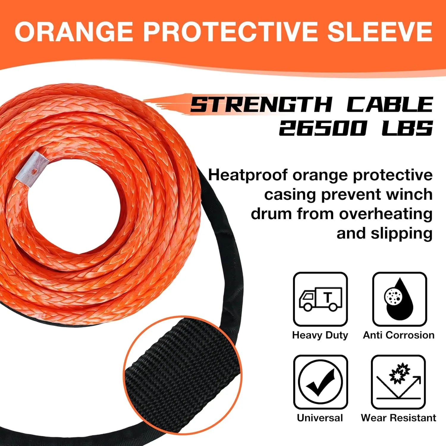 3/8 in x 95 ft Synthetic Winch Rope with Protecting Sleeve and Thimble, 26,500 lb Break Strength - Heavy Duty Winch Rope for ATV, UTV, Boat Trailer, Jeep, Quad, Polaris, Winch Cable (Orange)