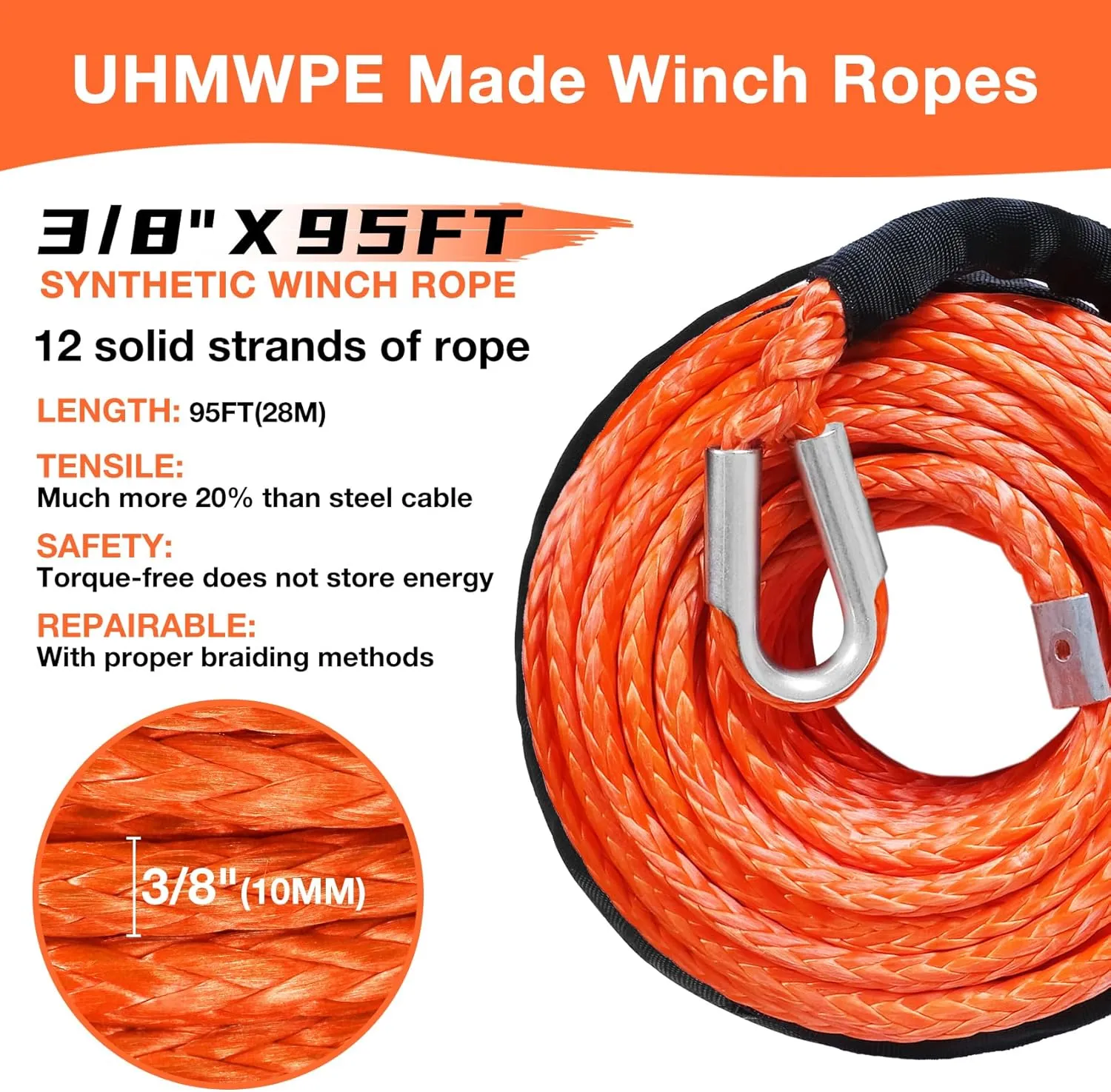 3/8 in x 95 ft Synthetic Winch Rope with Protecting Sleeve and Thimble, 26,500 lb Break Strength - Heavy Duty Winch Rope for ATV, UTV, Boat Trailer, Jeep, Quad, Polaris, Winch Cable (Orange)
