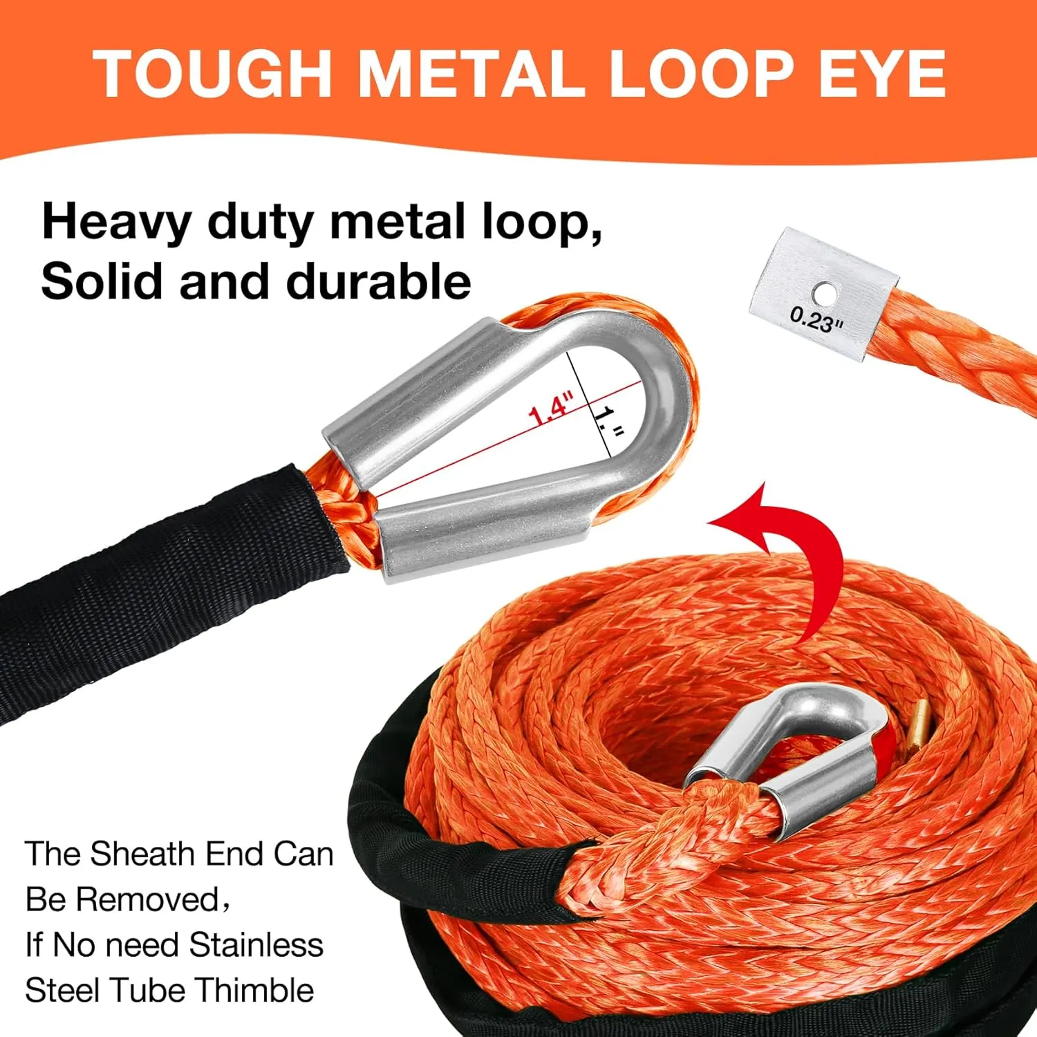 3/8 in x 95 ft Synthetic Winch Rope with Protecting Sleeve and Thimble, 26,500 lb Break Strength - Heavy Duty Winch Rope for ATV, UTV, Boat Trailer, Jeep, Quad, Polaris, Winch Cable (Orange)