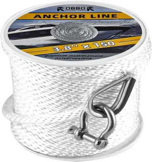 3/8 Inch Anchor Line 150 Feet Heavy Duty Braided MFP Boat Anchor Rope with Stainless Steel Thimble and Shackle, Marine Grade Anchor Line for Kayak, Pontoon, Small Boats, Mooring or Docking