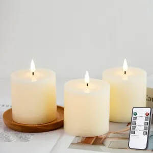 3x3 inch Ivory Flameless Candles Set of 3 Flickering LED Candles Battery Operated with Remote Control Timers for Concert Fireplace Livingroom Party Dimmable Pillar Candles Flat top
