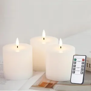 3x3 inch White Flameless Candles Set of 3 Flickering LED Candles Battery Operated with Remote Control Timers for Concert Fireplace Livingroom Party Dimmable Pillar Candles Flat top