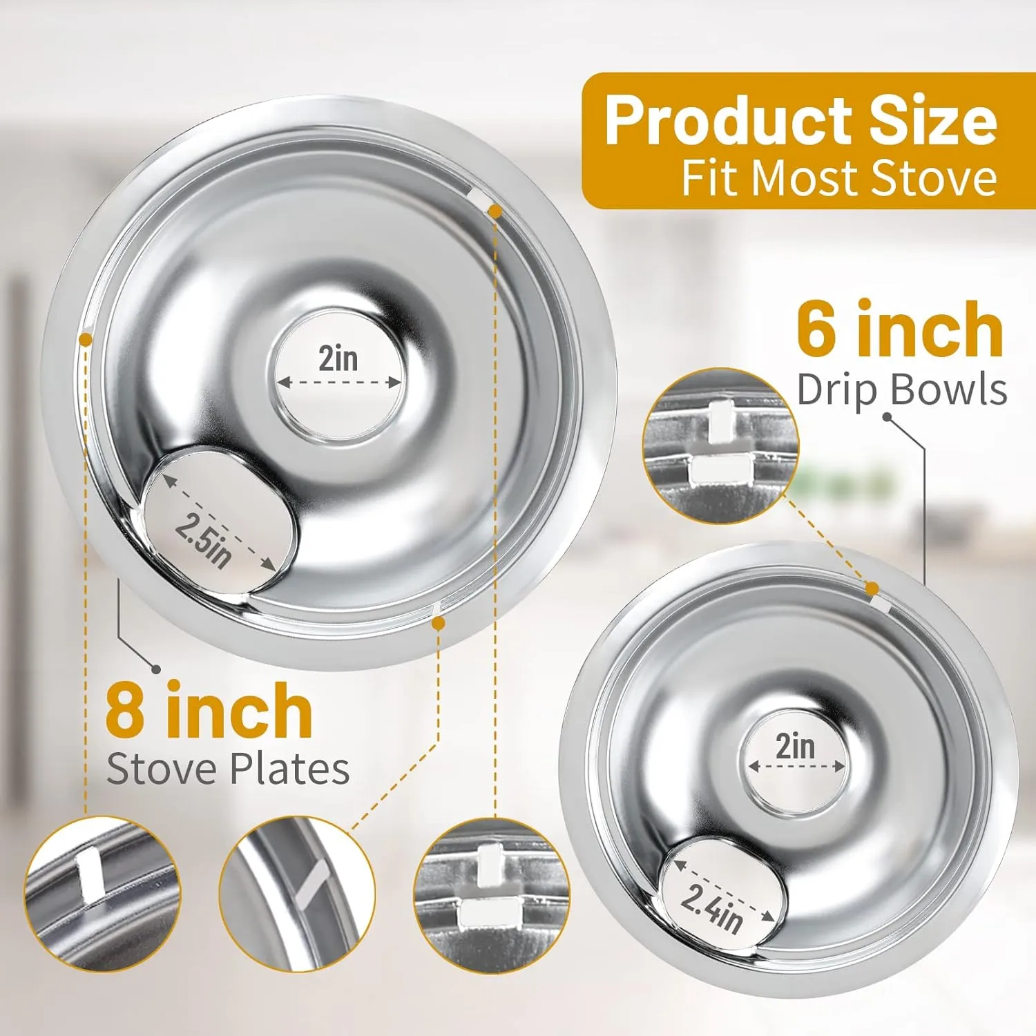 4 Pack Chrome Drip Pans, Compatible with Whirpool Kenmore Frigirate Stove Top Drip Bowls. Include 2 Pcs 6'' Range Replacement Drip Pans and 2 Pcs 8 '' Cooktop Drip Pans