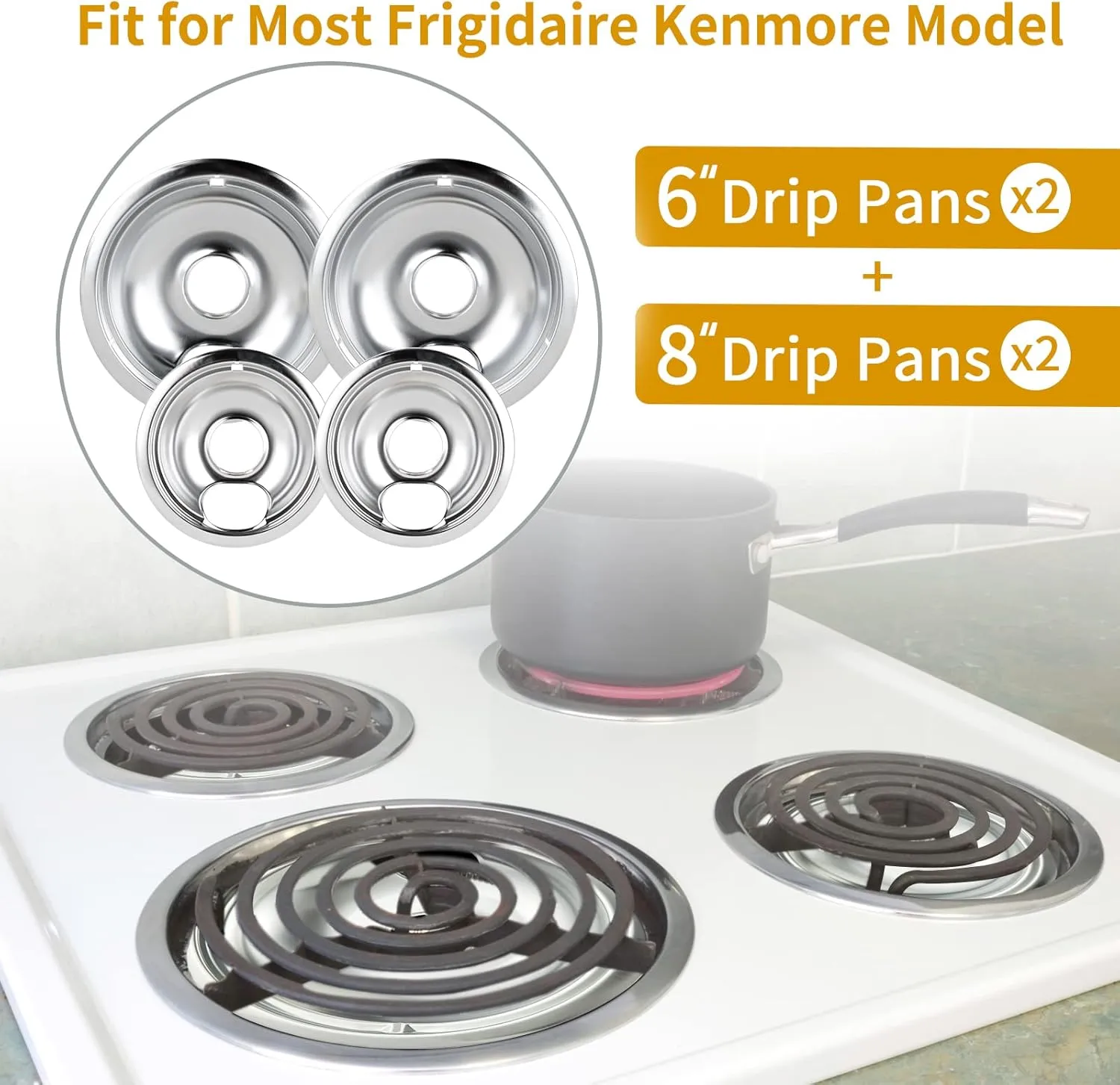 4 Pack Chrome Drip Pans, Compatible with Whirpool Kenmore Frigirate Stove Top Drip Bowls. Include 2 Pcs 6'' Range Replacement Drip Pans and 2 Pcs 8 '' Cooktop Drip Pans
