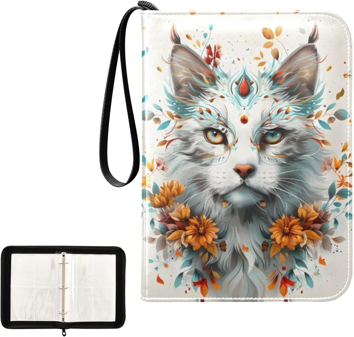 4 Pockets Trading Card Album Holder Book Folder Sports Card Binder Cat Head 400 Double Side Pockets for 3 Ring Binder Zipper