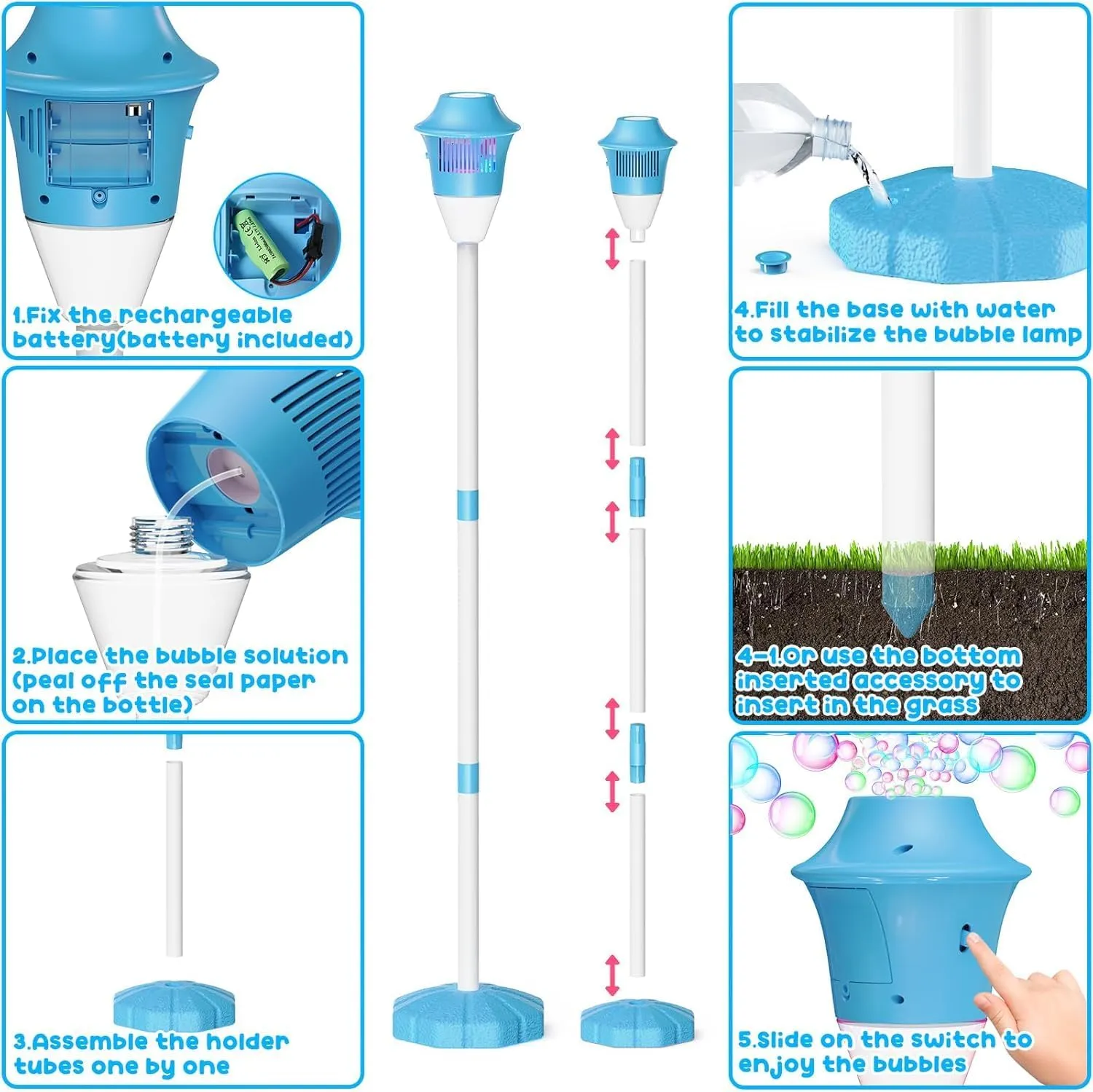 47in Bubble Torch Garden Lamp, Automatic Bubble Maker Stand Machine Rechargeable, with Night Light and Music, for Wedding Birthday Picnic Camping Party Blue