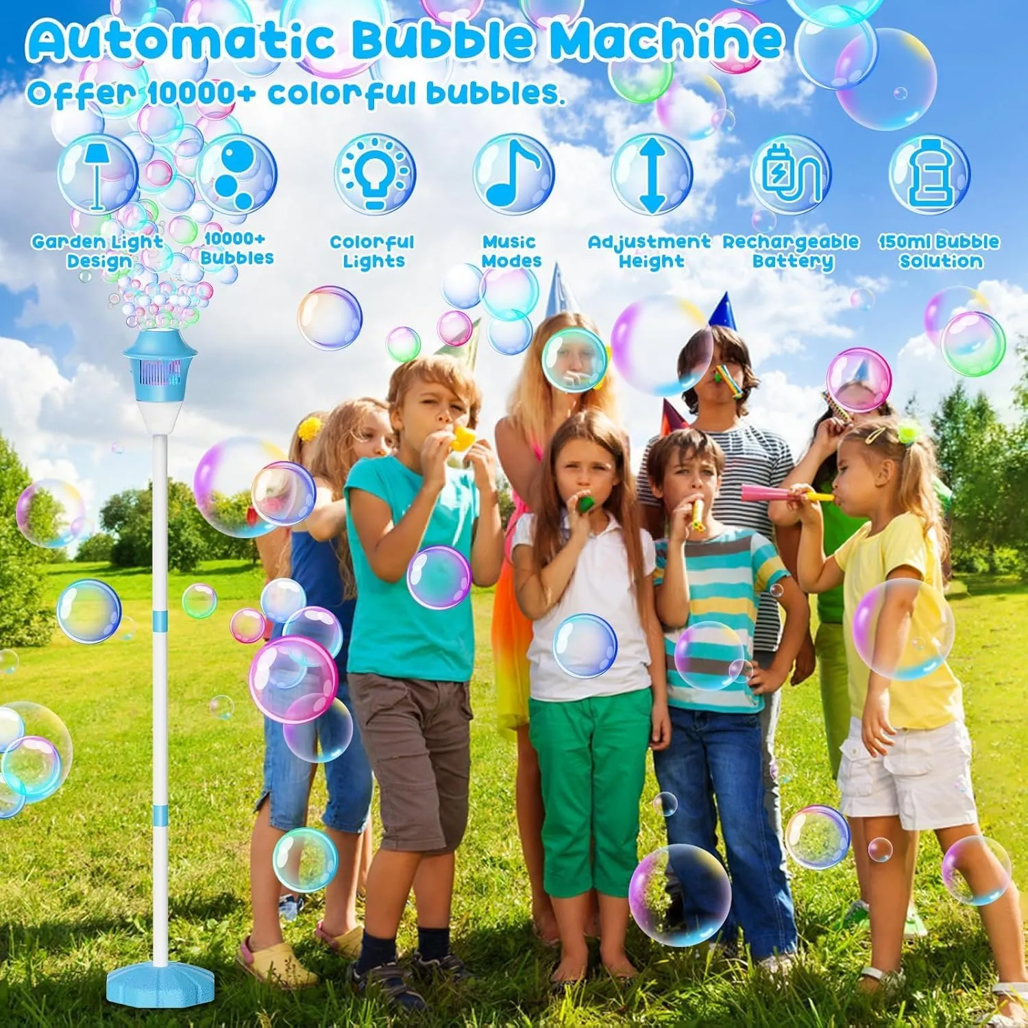 47in Bubble Torch Garden Lamp, Automatic Bubble Maker Stand Machine Rechargeable, with Night Light and Music, for Wedding Birthday Picnic Camping Party Blue