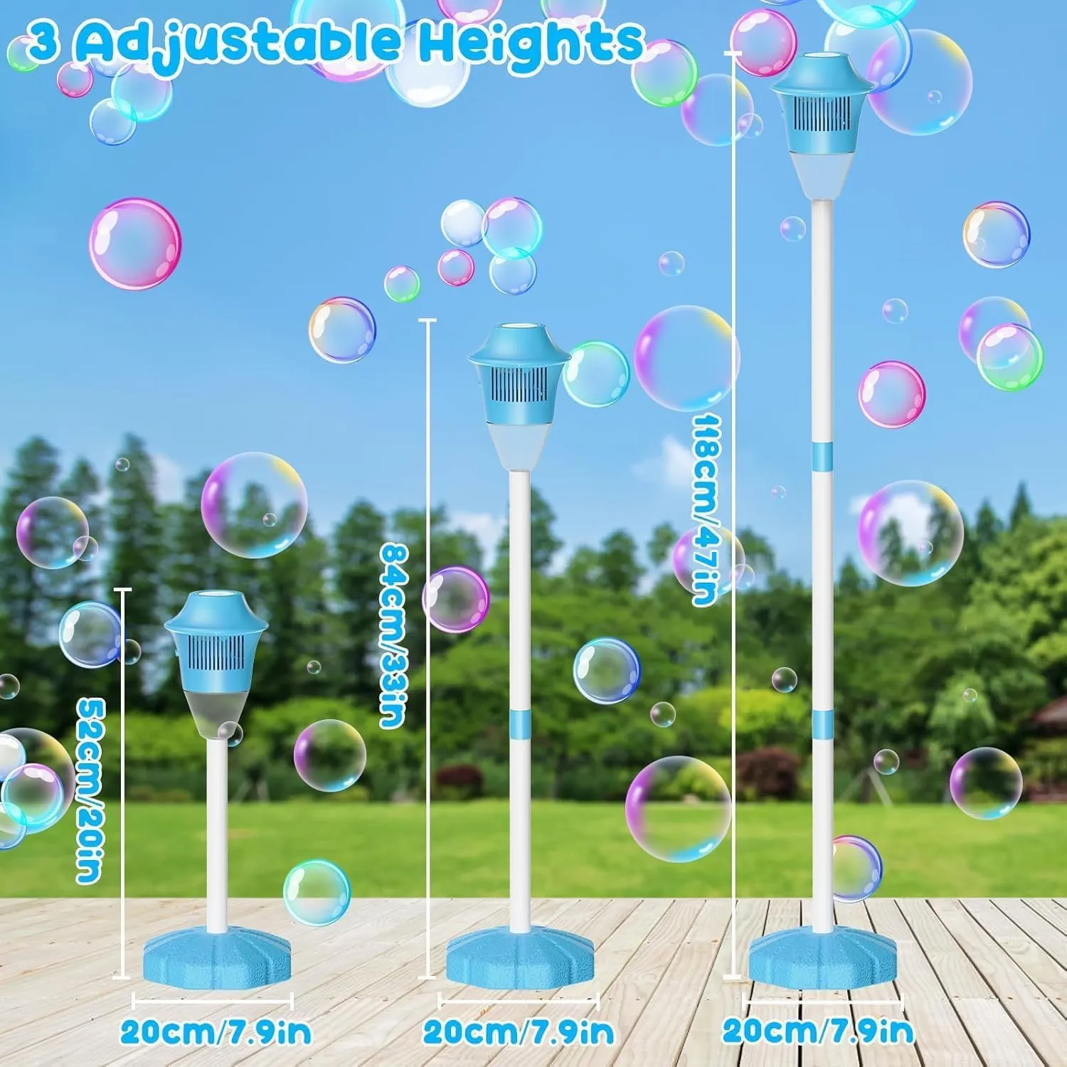 47in Bubble Torch Garden Lamp, Automatic Bubble Maker Stand Machine Rechargeable, with Night Light and Music, for Wedding Birthday Picnic Camping Party Blue