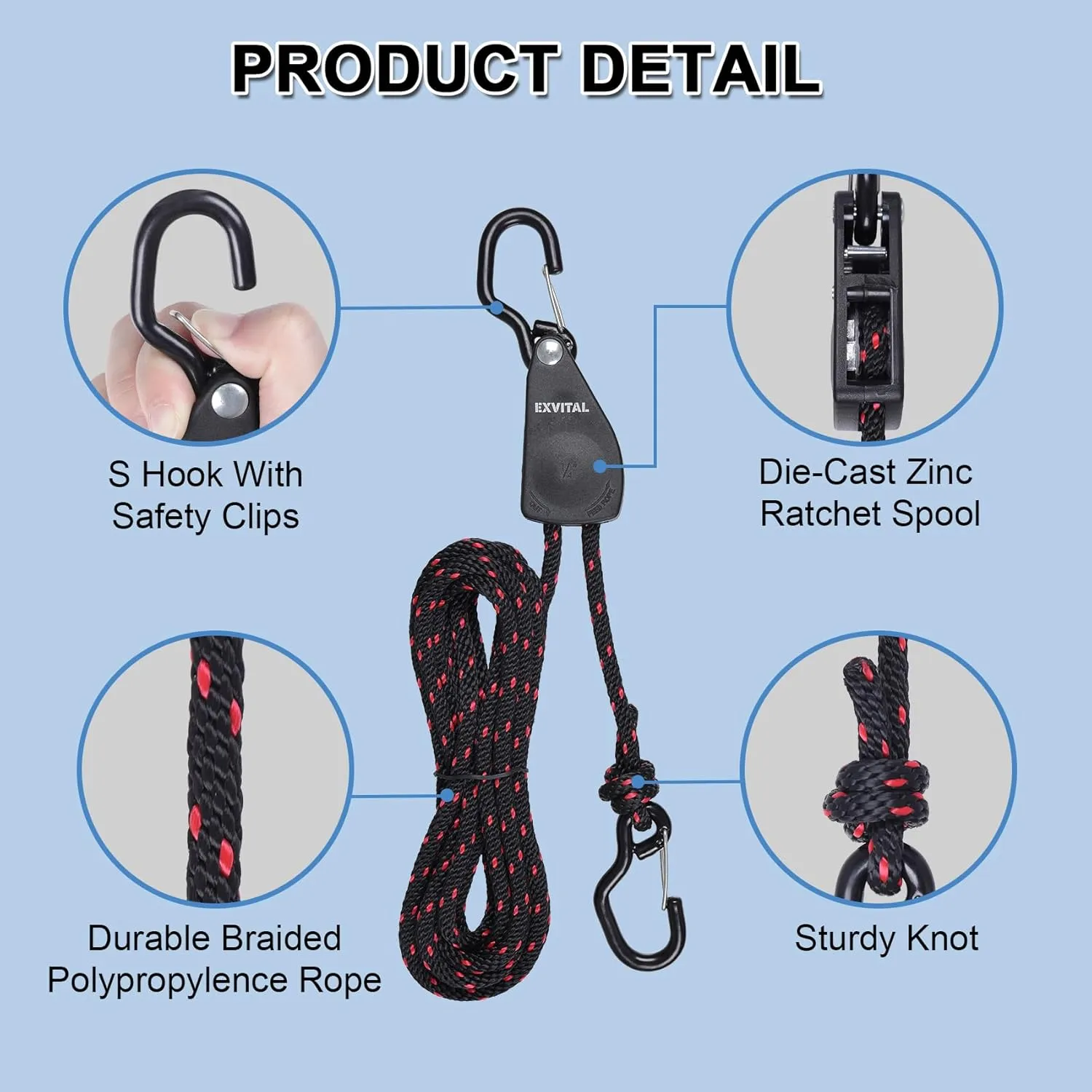 4PCS Kayak Rope Ratchet Tie Down Straps 1/4" ×12' Bow and Stern Tie Down Kayak with Safety S Hook Heavy Duty Ratchet Rope Kayak and Canoe Accessories Black