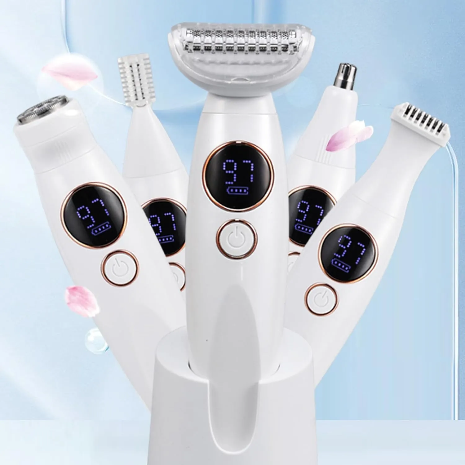 5 in 1 Electric Shaver for Women, Bikini Trimmer, Face and Body Public Hair Razor, IPX7 Waterproof Wet and Dry Electric Razor, Cordless, White