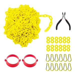 50 Feet Yellow Plastic Safety Barrier Chain with 12 S-Hooks and 12 Carabiner Clips and 2 Cone Chain Connector Kits | Caution Security Chain Safety Chain for Crowd Control, Construction Sit