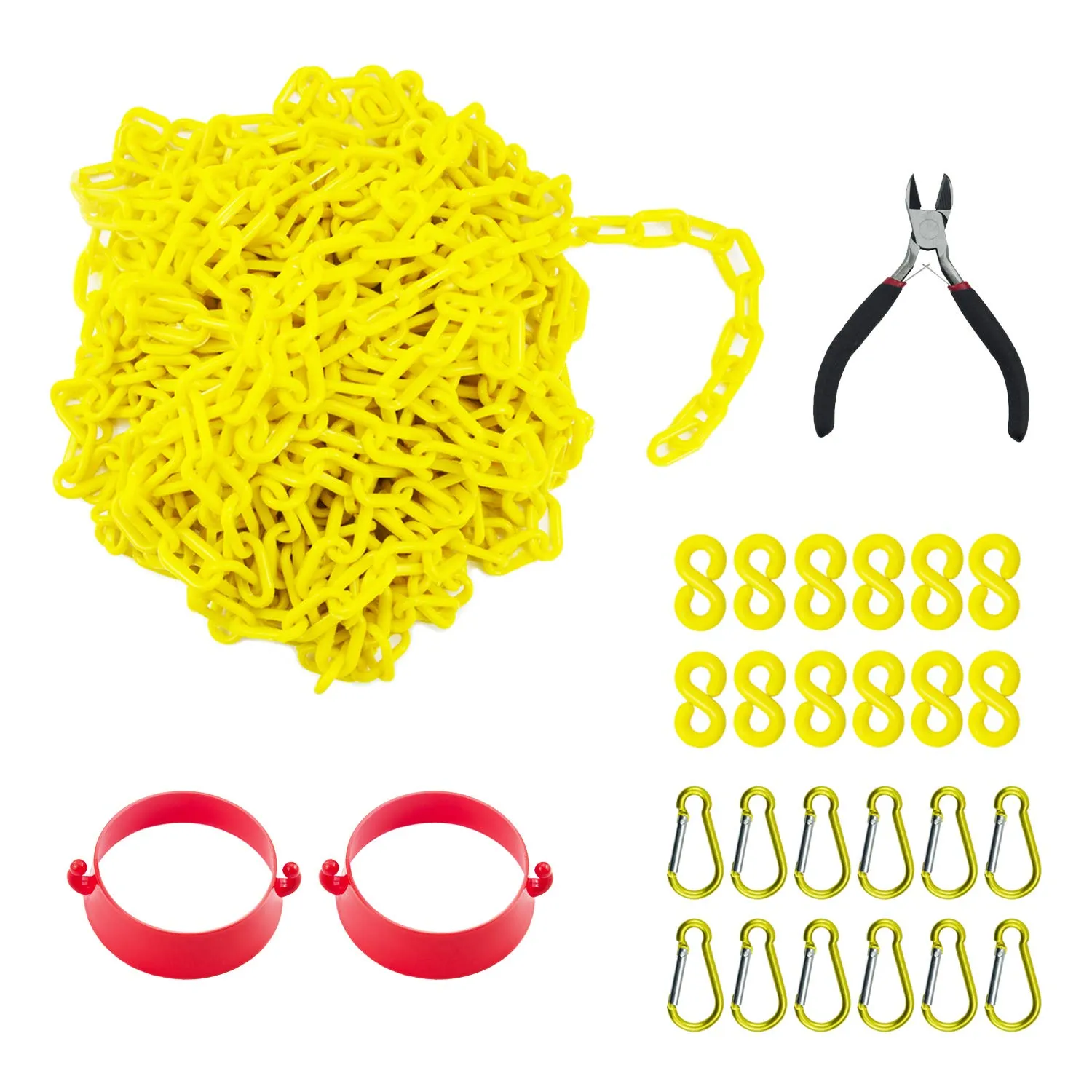 50 Feet Yellow Plastic Safety Barrier Chain with 12 S-Hooks and 12 Carabiner Clips and 2 Cone Chain Connector Kits | Caution Security Chain Safety Chain for Crowd Control, Construction Sit