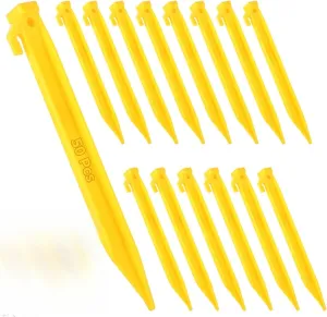50 Pcs Plastic Triangular Tent Stakes, 9-Inch Heavy Duty Pegs with Built-in Hook for Canopy and Tent Use