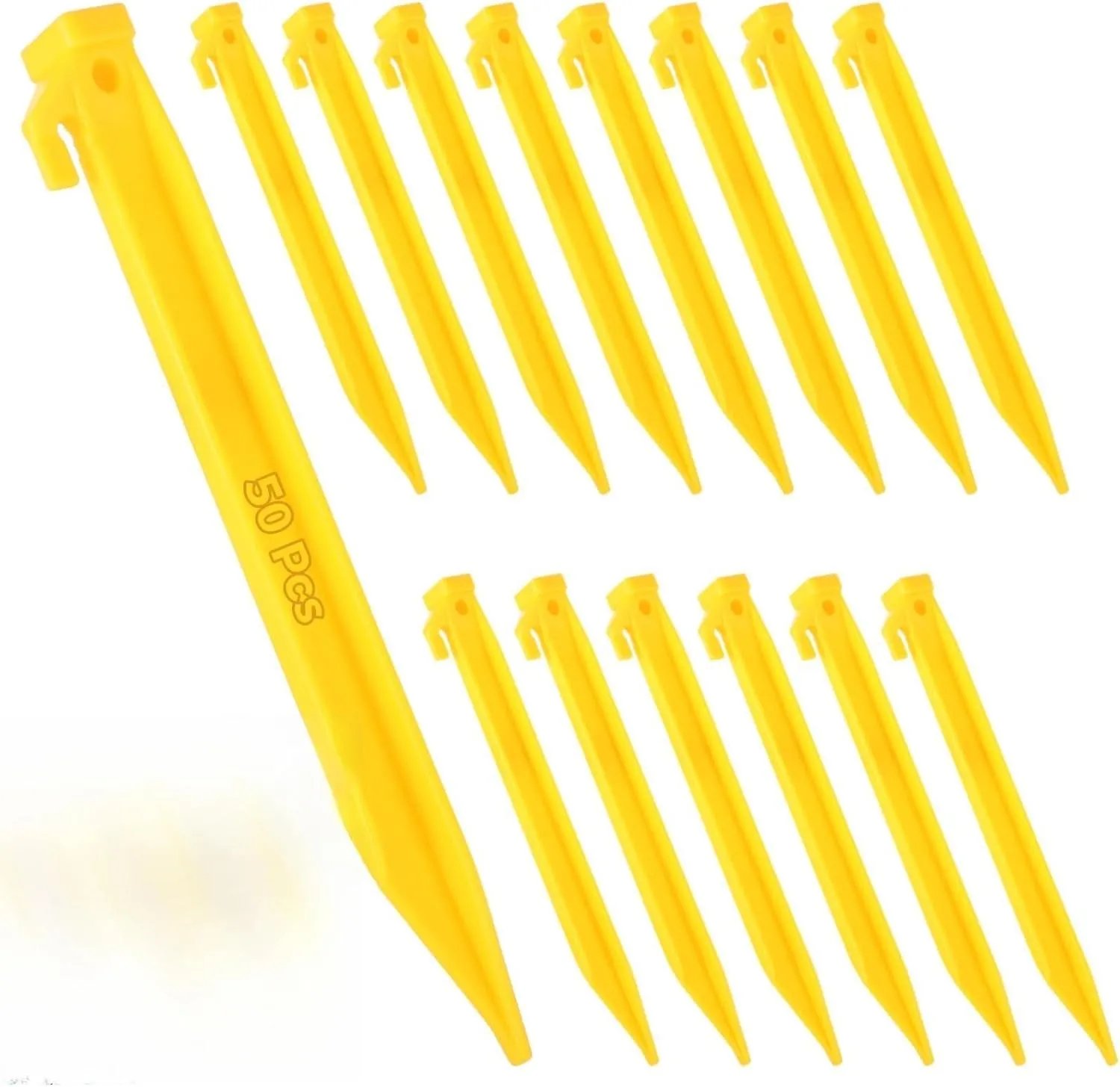 50 Pcs Plastic Triangular Tent Stakes, 9-Inch Heavy Duty Pegs with Built-in Hook for Canopy and Tent Use