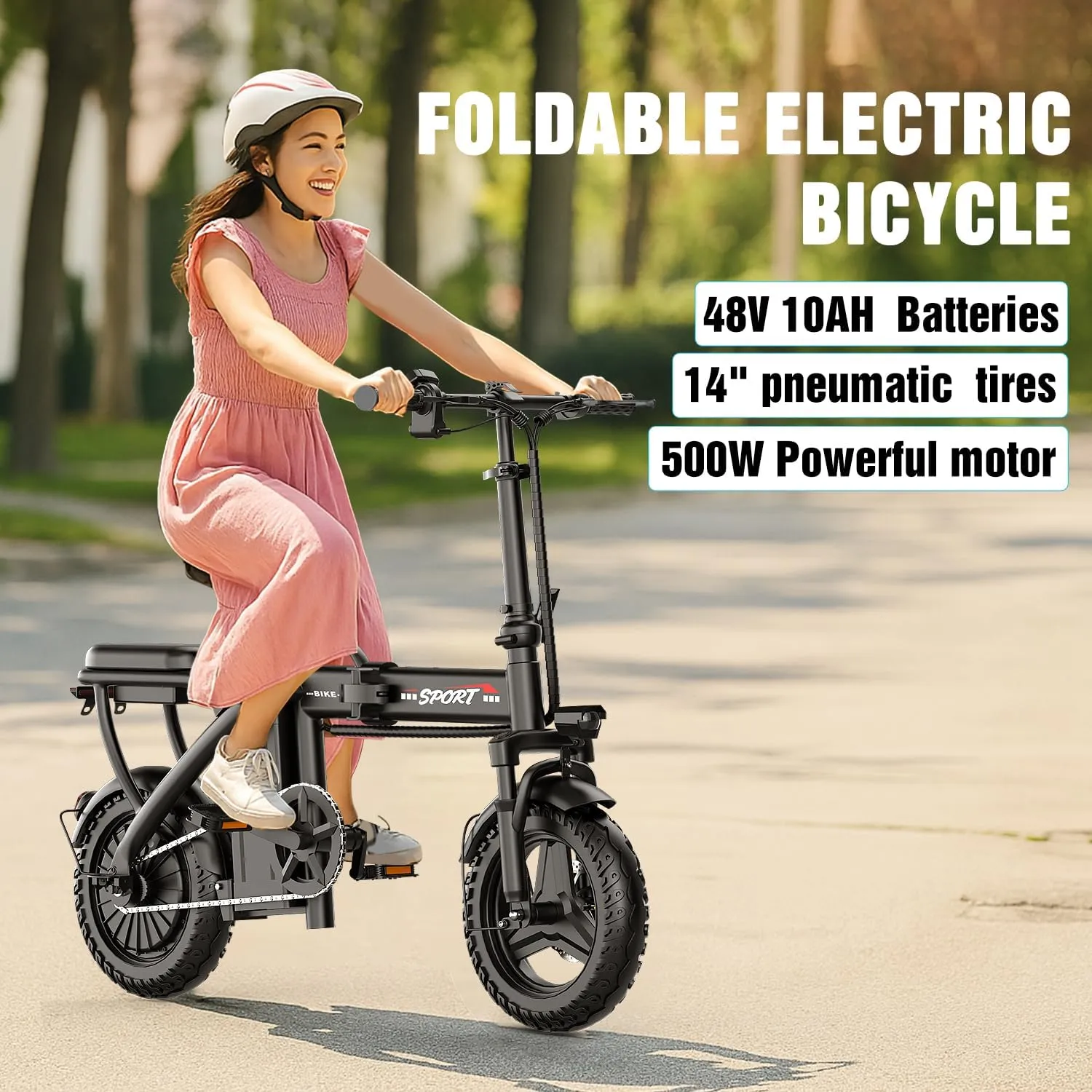 500W Electric Bike for Adults, 48V 10/13/15AH Removable Battery, 20/25MPH & 25/30 Miles, 14" Folding Commuter E Bike with 3 Modes, Shock Absorption