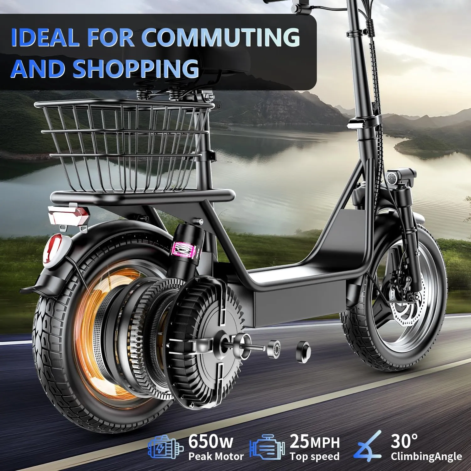500W Electric Scooter for Adults, 36V 13AH/48V 15Ah Battery, 20-25MPH, 20-30 Miles Range, Shock Absorbers, Rear Basket/Box, E Scooter with Seat for Commuter & Urban Travel, UL 2272 Certified