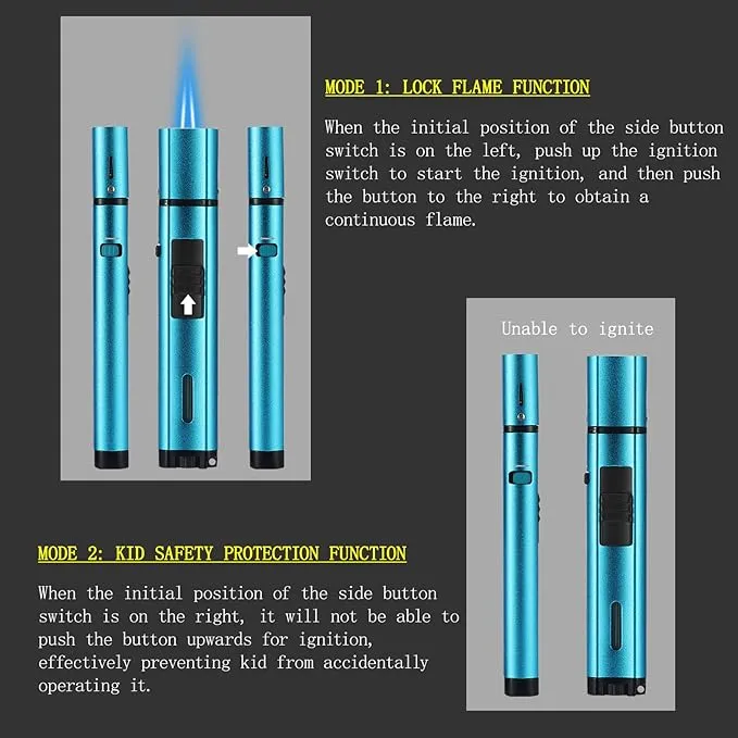 5.7in Butane Torch Lighter with Flame Locking & Safety Switch Function, Adjustable Double Jet Flame Long Stick Lighter, Refillable Windproof Pen Lighter. Blue(Sold Without Gas)