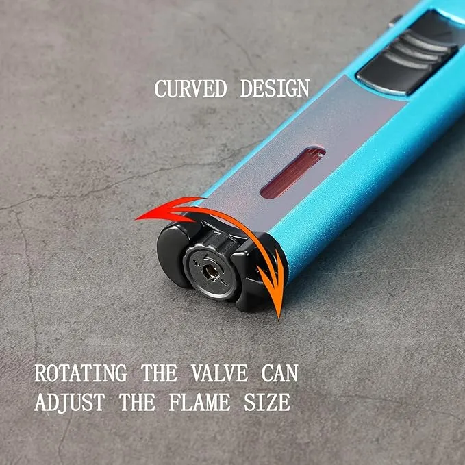 5.7in Butane Torch Lighter with Flame Locking & Safety Switch Function, Adjustable Double Jet Flame Long Stick Lighter, Refillable Windproof Pen Lighter. Blue(Sold Without Gas)