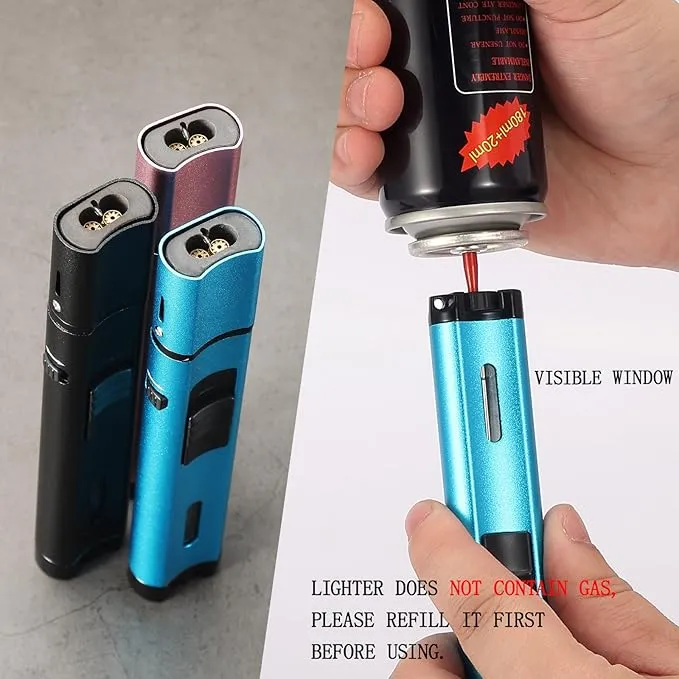 5.7in Butane Torch Lighter with Flame Locking & Safety Switch Function, Adjustable Double Jet Flame Long Stick Lighter, Refillable Windproof Pen Lighter. Blue(Sold Without Gas)