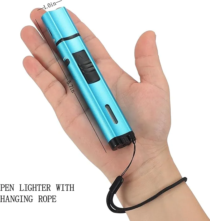 5.7in Butane Torch Lighter with Flame Locking & Safety Switch Function, Adjustable Double Jet Flame Long Stick Lighter, Refillable Windproof Pen Lighter. Blue(Sold Without Gas)