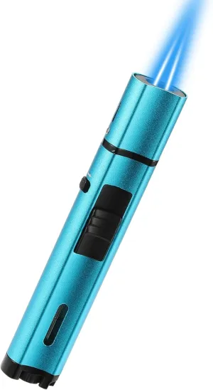 5.7in Butane Torch Lighter with Flame Locking & Safety Switch Function, Adjustable Double Jet Flame Long Stick Lighter, Refillable Windproof Pen Lighter. Blue(Sold Without Gas)