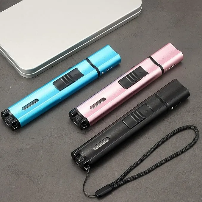 5.7in Butane Torch Lighter with Flame Locking & Safety Switch Function, Adjustable Double Jet Flame Long Stick Lighter, Refillable Windproof Pen Lighter. Blue(Sold Without Gas)