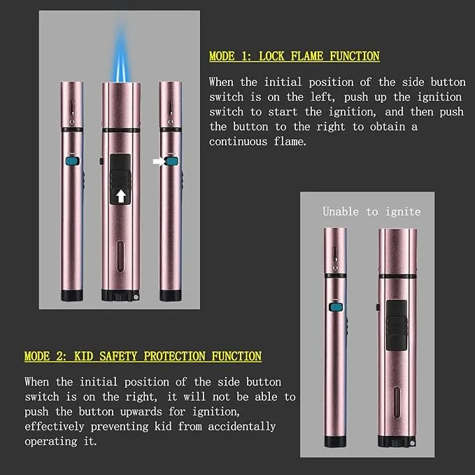 5.7in Butane Torch Lighter with Flame Locking & Safety Switch Function, Adjustable Double Jet Flame Long Stick Lighter, Refillable Windproof Pen Lighter. Rose Gold(Sold Without Gas)