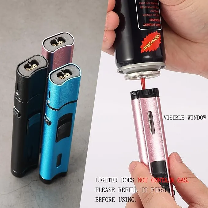 5.7in Butane Torch Lighter with Flame Locking & Safety Switch Function, Adjustable Double Jet Flame Long Stick Lighter, Refillable Windproof Pen Lighter. Rose Gold(Sold Without Gas)
