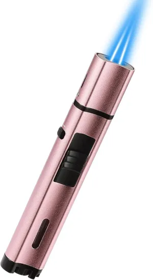 5.7in Butane Torch Lighter with Flame Locking & Safety Switch Function, Adjustable Double Jet Flame Long Stick Lighter, Refillable Windproof Pen Lighter. Rose Gold(Sold Without Gas)