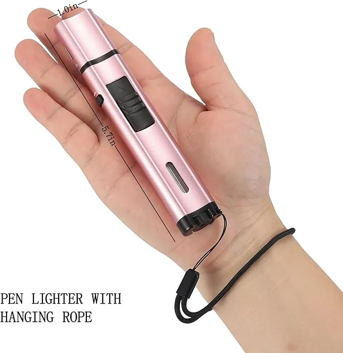 5.7in Butane Torch Lighter with Flame Locking & Safety Switch Function, Adjustable Double Jet Flame Long Stick Lighter, Refillable Windproof Pen Lighter. Rose Gold(Sold Without Gas)