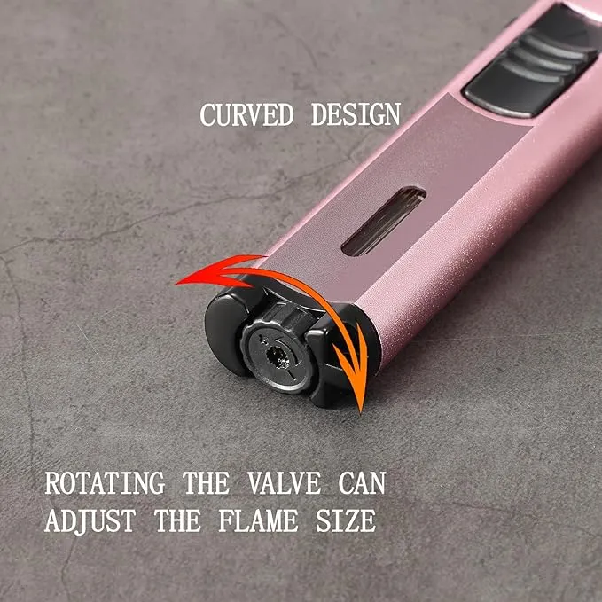 5.7in Butane Torch Lighter with Flame Locking & Safety Switch Function, Adjustable Double Jet Flame Long Stick Lighter, Refillable Windproof Pen Lighter. Rose Gold(Sold Without Gas)