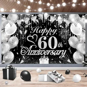 60th Anniversary Decorations - Black and Silver Happy Diamond Wedding Banner for Party Decorations 72.8x43.3''
