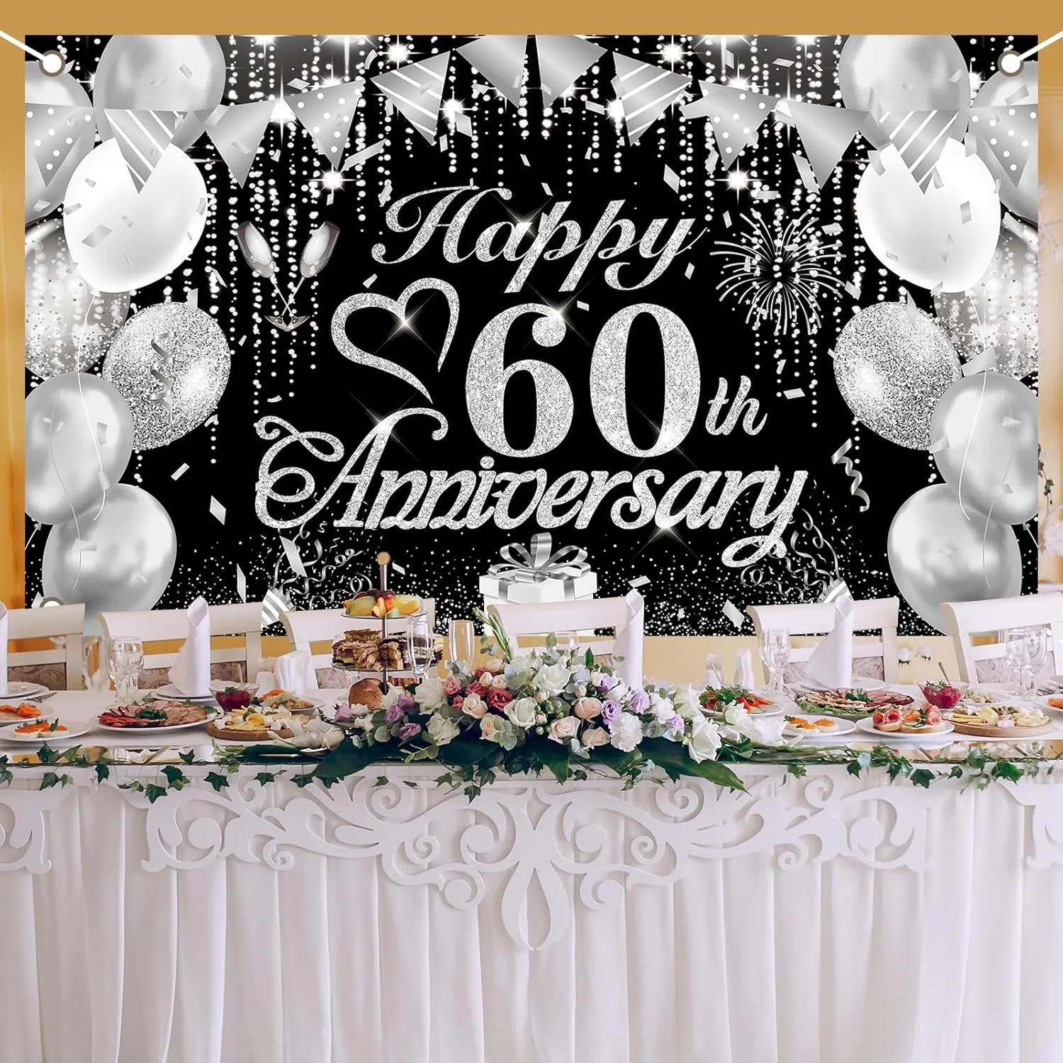 60th Anniversary Decorations - Black and Silver Happy Diamond Wedding Banner for Party Decorations 72.8x43.3''