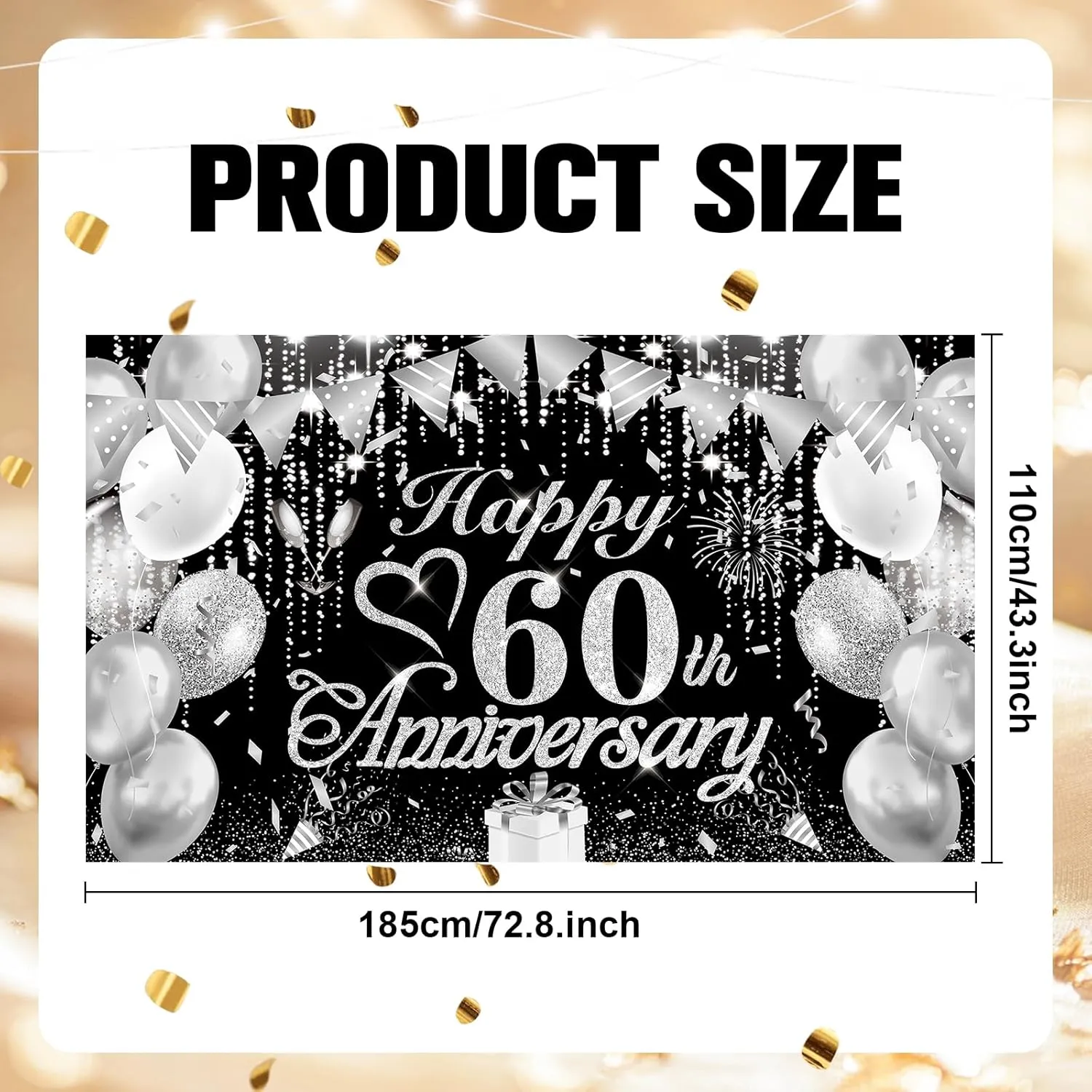 60th Anniversary Decorations - Black and Silver Happy Diamond Wedding Banner for Party Decorations 72.8x43.3''